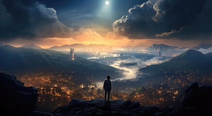 A man on a hill looks at the city at night - Powered by Adobe