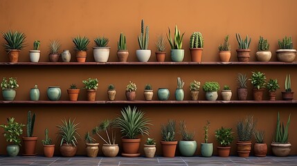 Many plants in pots in row at wall background, Home gardening concept.