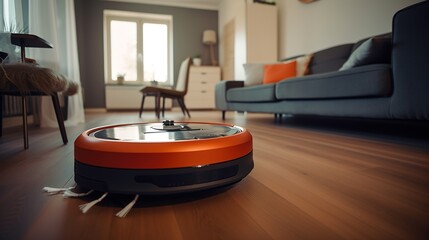 Saugroboter in der Wohnung beim Staubsaugen. Staubsaugerroboter reinigen das Wohnzimmer, Laminatboden wird von Robotern sauber gemacht.