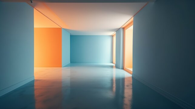 Leerer Raum oder Flur in Hellblau und Orange. PVC Bodenbelag zum Pr&auml;sentieren von Gegenst&auml;nden und Text.
