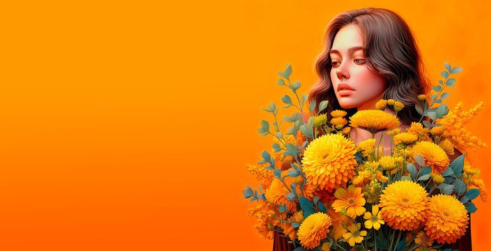 mujer triste con ramo de flores amarillas, fondo en tonos naranja