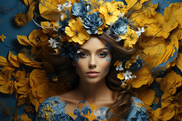 Beautiful Ukrainian women wears a wreath in yellow blue colors.  - obrazy, fototapety, plakaty