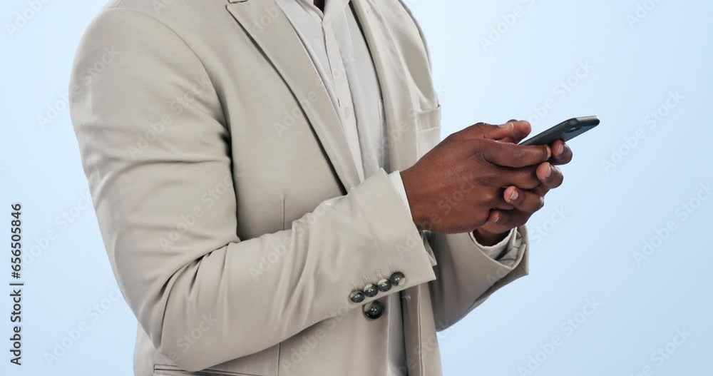 Aufkleber Business man, phone text and hands from social media and web networking in a studio. Male entrepreneur, professional and app for work with company website post and scroll with blue background
