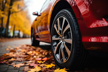 New red car wheel on autumn leaves	
