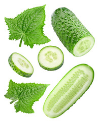 Set of cucumber with leaves on a white background. Cucumber with clipping path.