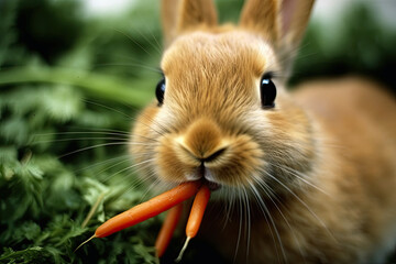 rabbit eating carrot in green garden 