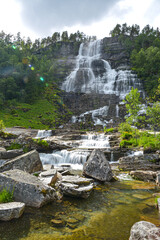 The beautiful Tvindefossen waterfall in Voss, Norway