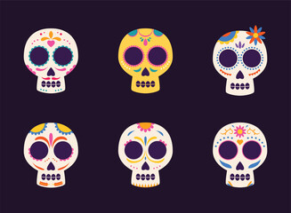 Dia de muertos skulls collection colorful flat illustration. Mexico festival day of the dead celebration on 2 november. Cute skull for greeting card, poster, invitation card, flyer
