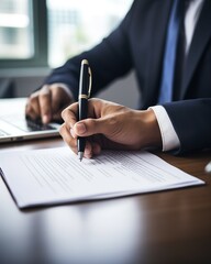 In a close-up shot, a businessman's hand grips a pen with precision, signing a crucial contract. 