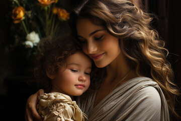 Mother tenderly cradling her child in her arms, radiating the boundless love and affection that defines the concept of motherly love. Ai generated