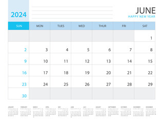 Calendar 2024 year template, June layout design, Planner simple, Desk calendar 2024 design, Week Starts on Sunday, Wall calendar design, printing media, advertisement, office organizer, vector
