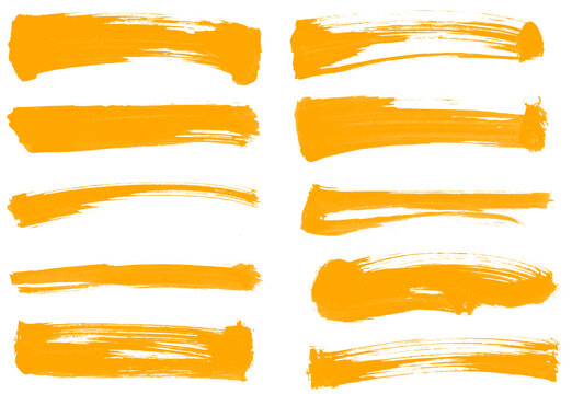 Big set of yellow Grunge paint brush stroke, grungy lines, frames, artistic design elements on white background. Royalty high-quality free stock image Ink splash, splatter dirty watercolor texture 