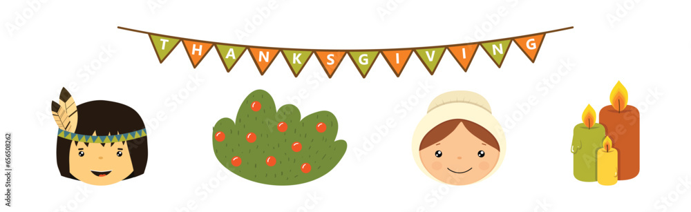 Aufkleber happy autumn thanksgiving day object and element vector set