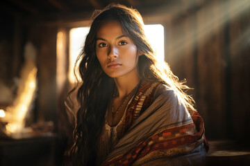 Portrait of an Andean woman with traditional costumes.