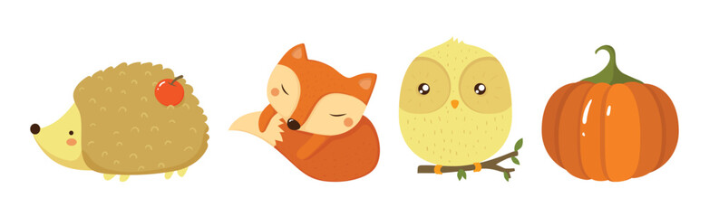 Autumn Wild Forest Animal and Bright Orange Pumpkin Vector Set