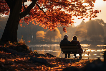 Elderly couple, hand in hand, taking a leisurely walk in a picturesque park with the rich hues of autumn, symbolizing the enduring beauty of love and the passage of time. Ai generated