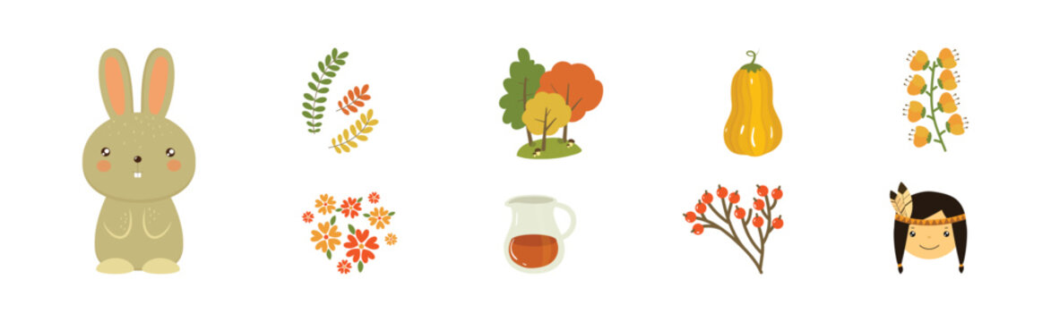 Happy Autumn Thanksgiving Day Object and Element Vector Set