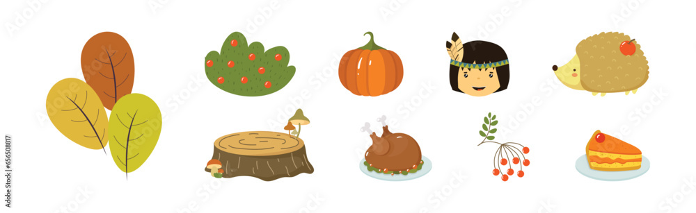 Aufkleber happy autumn thanksgiving day object and element vector set