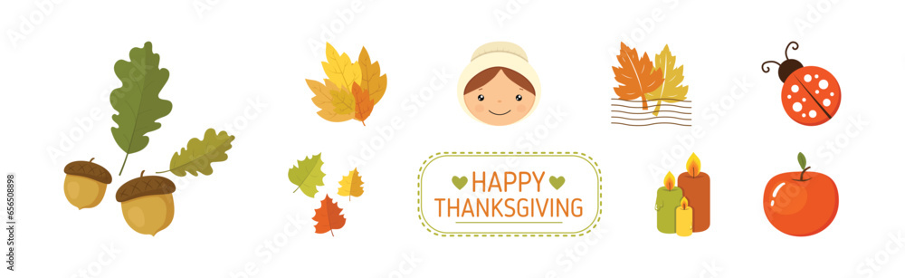Poster happy autumn thanksgiving day object and element vector set
