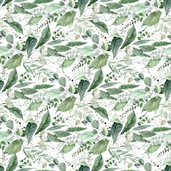 Seamless pattern of watercolor greenery branches and leaves. Green foliage greenery grass leaves seamless pattern, Perfect for designs: wallpapers, textile, wrapping paper, scrapbooking, 