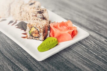 Tasty fresh Sushi Rolls with Salmon