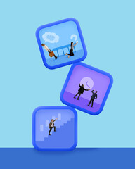 Poster. Contemporary art collage. Modern creative artwork. Business people in three squares, office departments analyzing, perform duties.