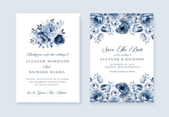Watercolor Navy blue floral wedding invitation cards template