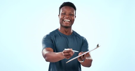 Man, fitness and checklist and join us for gym registration, workout application and document in studio. Face of personal trainer or african coach, clipboard and sports information on blue background