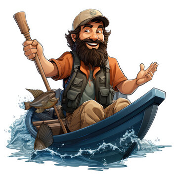 Cartoon fisherman in a boat illustration, Generative Ai