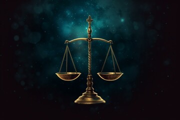 Justice scales on dark backdrop with space. Generative AI