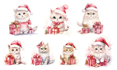 set of watercolor cats and kittens with santa hats and presents in pink color theme vectors