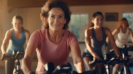 Diverse group of women, various ages and races, participating in a cycling workout. Group fitness classes on exercise bikes promoting wellness at any age.