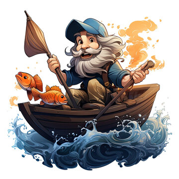 Cartoon fisherman in a boat illustration, Generative Ai © lokshmon