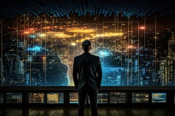 Fototapeta premium Rear view of businessman looking at night cityscape and connection concept, hologram, futuristic business concept, business and trade, blockchain technology management