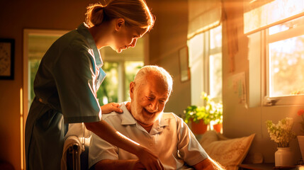 senior man receiving medical help from a visiting nurse in the comfort of his own home - obrazy, fototapety, plakaty