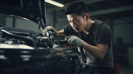 Fototapeta na wymiar Skilled Auto Mechanic: Young Asian Man Repairing a Car in an Automotive Workshop, Ensuring Smooth Running and Safe Driving.