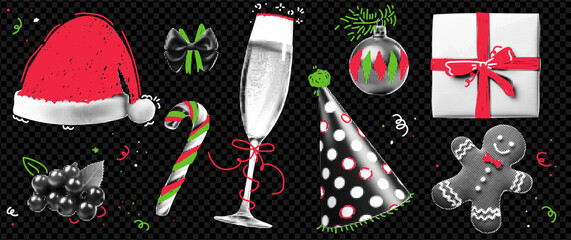 Christmas themed set, elements in halftone processing with painted doodles. Pack on transparent background as png. Bright and bold vector illustration.