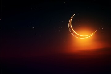Obraz na płótnie Canvas Arabic text space: Crescent moon, star, twilight sky, orange sunlight