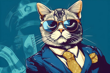 Hipster Cat Rocking Sunglasses and Surrounded by Cash Money on a Cool Blue Background