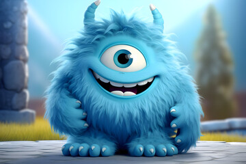 Adorable 3D Cartoon Character A Cute Blue Furry Monster