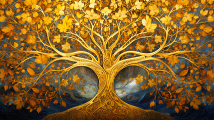 3d illustration of a life tree with golden leaves in the forest. Ai generative.