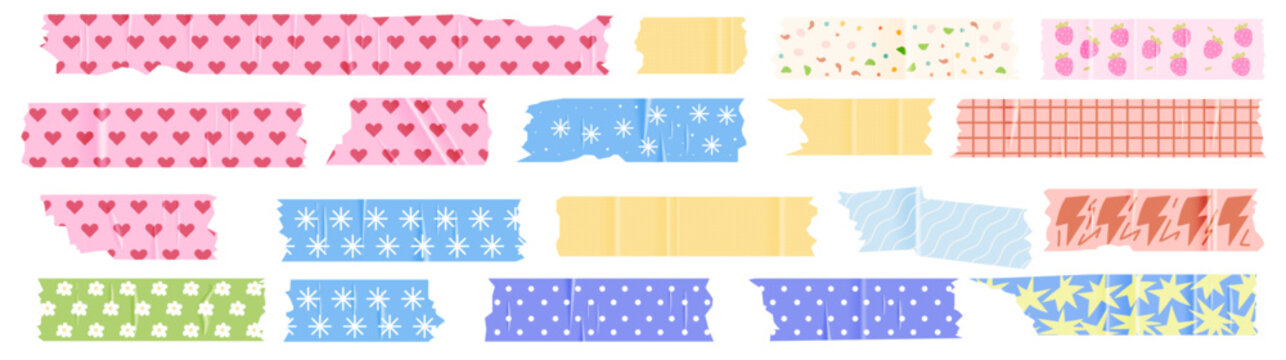 A set of cute pieces of torn scotch tape with colorful prints. Trendy scrapbooking elements with realistic texture. Vector illustrations
