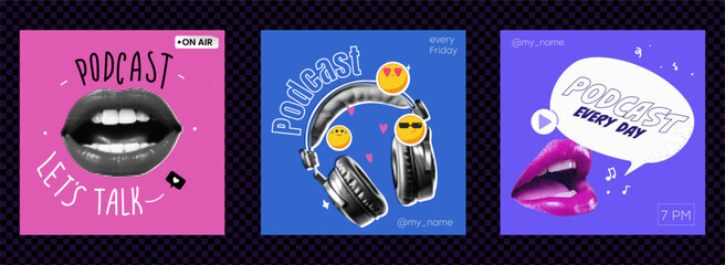A set of covers for a podcast with trendy halftone collage elements. Square banners for music channels. Bright and bold vector illustrations.