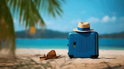 Blue Travel suitcase and hat on the topical beach - obrazy, fototapety, plakaty