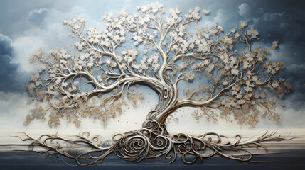 Fantasy landscape with a  life tree and birds. 3D illustration. Ai generative.
