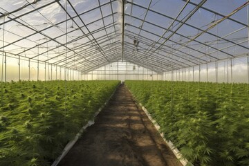 Large-scale cannabis cultivation in greenhouse. Generative AI