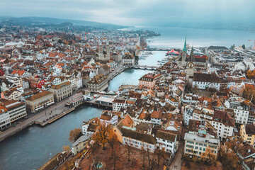 Aerial view of Zurich city center with Fraumunster Church and river Limmat at Lake Zurich from Grossmunster Church on autumn, Canton of Zurich, Switzerland - obrazy, fototapety, plakaty