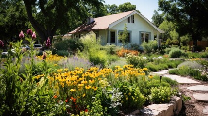 cozy garden with a paved path and colorful flowers around it