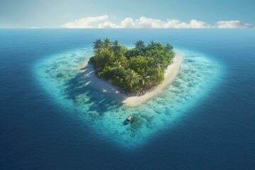 A heart-shaped tropical island view symbolizing the love for travel. Generative AI