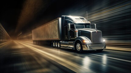 Semi truck driving through a tunnel, Truck at Speed in Tunnel  - obrazy, fototapety, plakaty